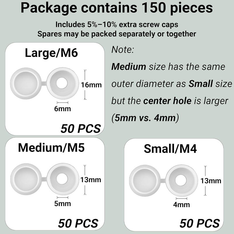 Duricient 150 Pcs 3 Sizes Screw Cover Caps, Smooth Plastic Caps for Covering Screw Nail Hole, 3 Sizes (Hole Diameter 4mm, 5mm, 6mm)(White) - Image 2